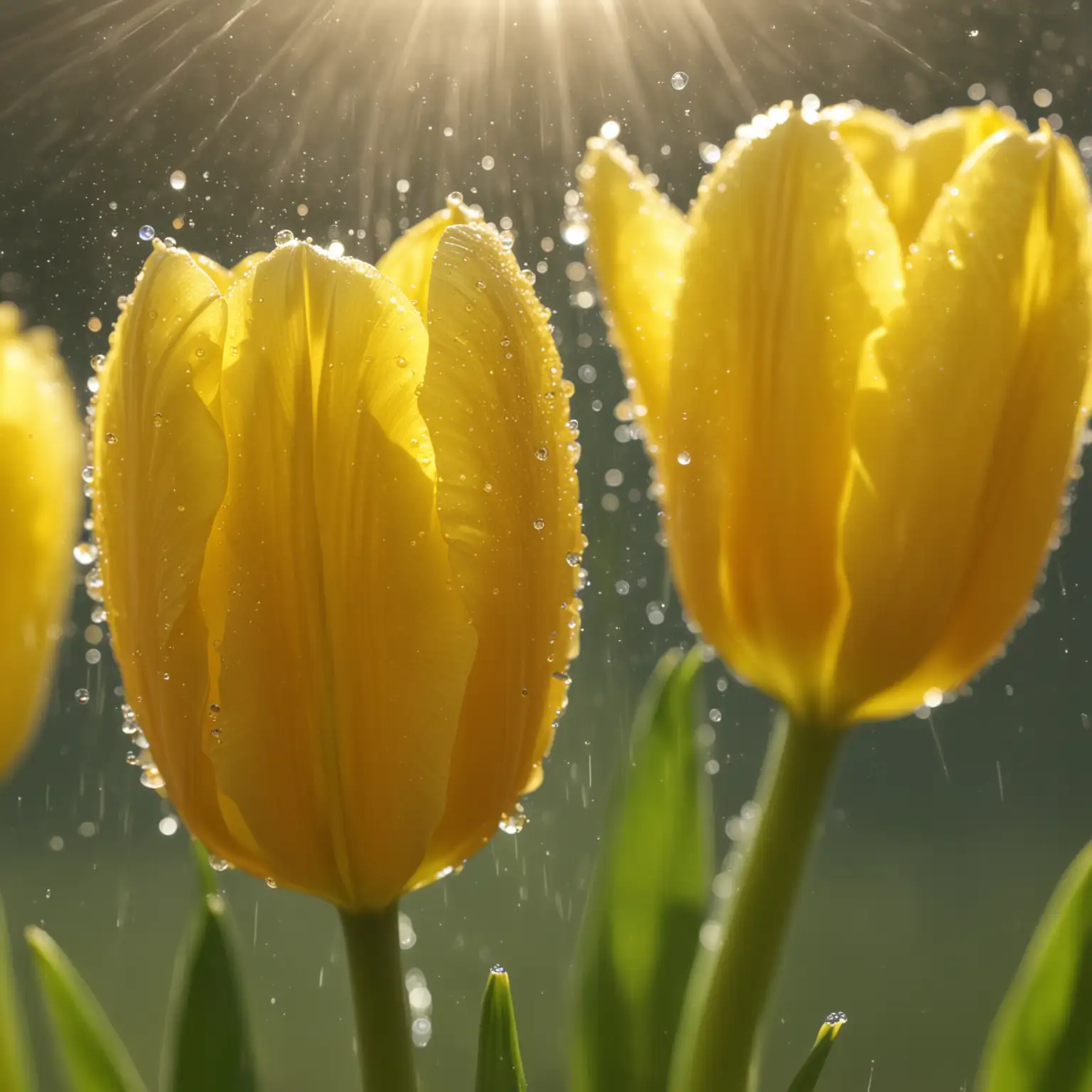 An extreme close-up study of a yellow tulips, very detailed, drops of water, sunshine 
