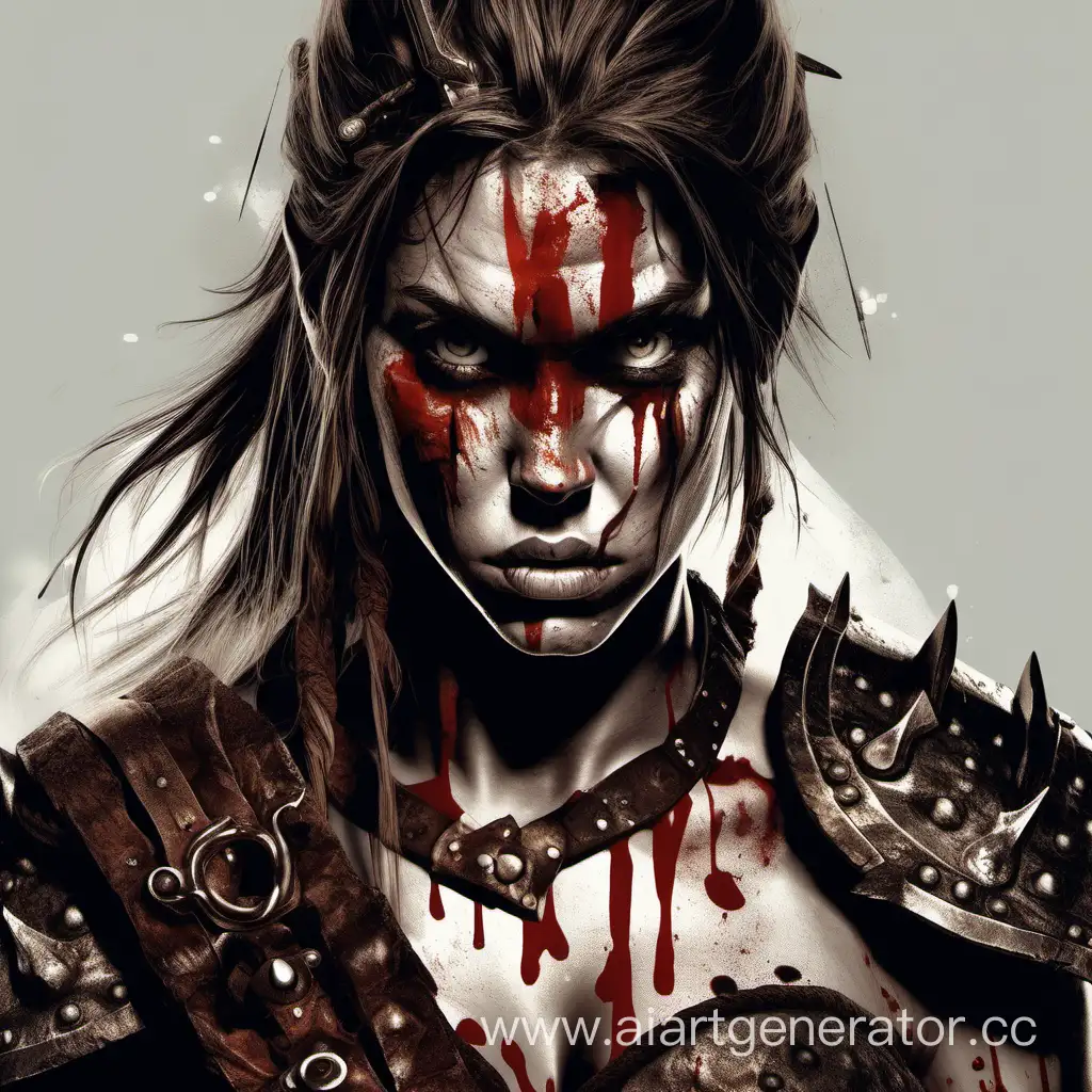 Barbarian-girl. Scar on face. Double-hand sword. Fantasy. Clothes. Crazy eyes. Face on blood.