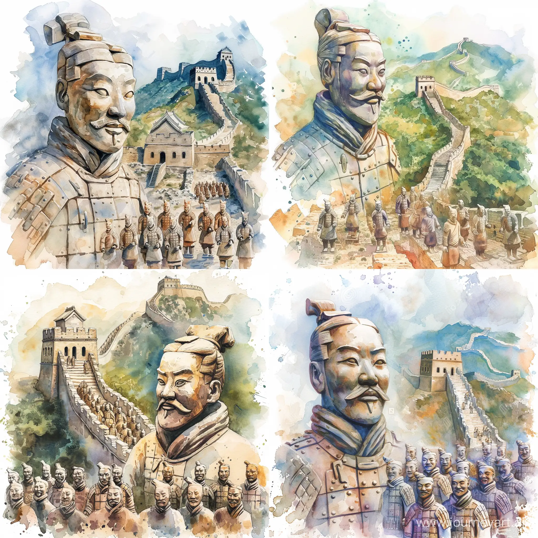 Let your imagination run wild with a creative watercolor depiction of Qin Shi Huang, showcasing his legendary army of terracotta warriors and the majestic Great Wall of China.