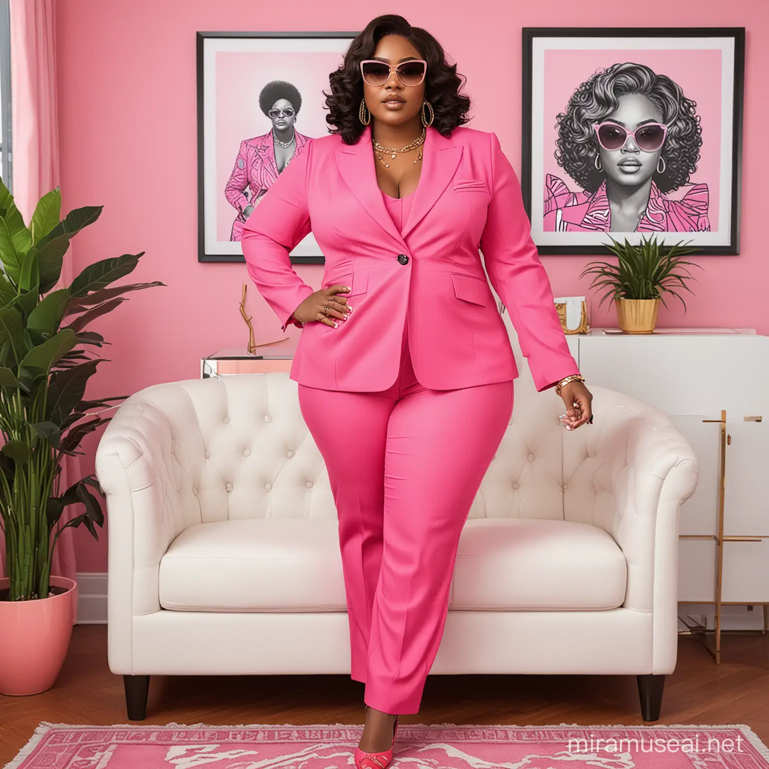 Coloring page with white interior with an plus sized African American woman in a bold and vibrant pantsuit with pink shades, reflecting the resurgence of power dressing and bold color choices in modern fashion.