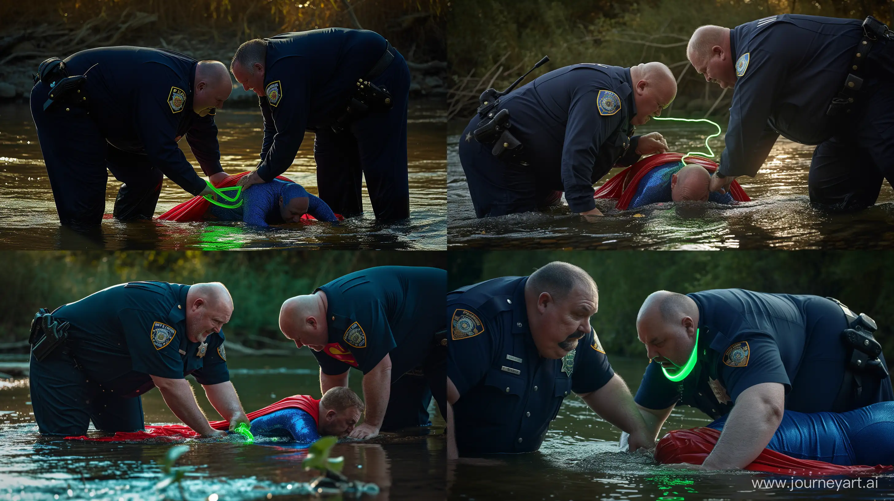 Eccentric-River-Scene-Elderly-Men-in-Police-and-Superman-Attire-with-Neon-Collar