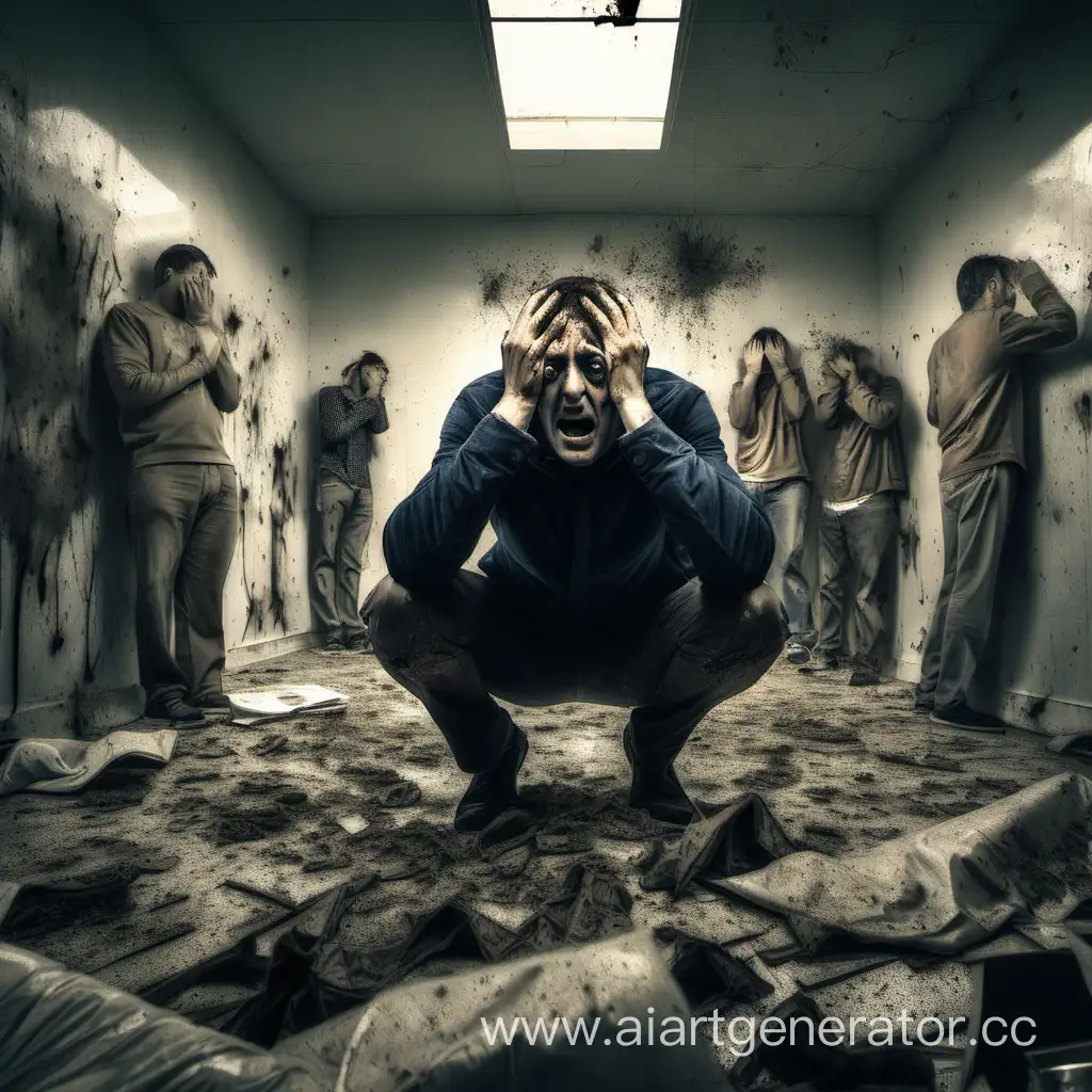 A man is holding his head in a dirty room. A lot of hands are reaching out from the floor. Eyes bulge out of the walls.