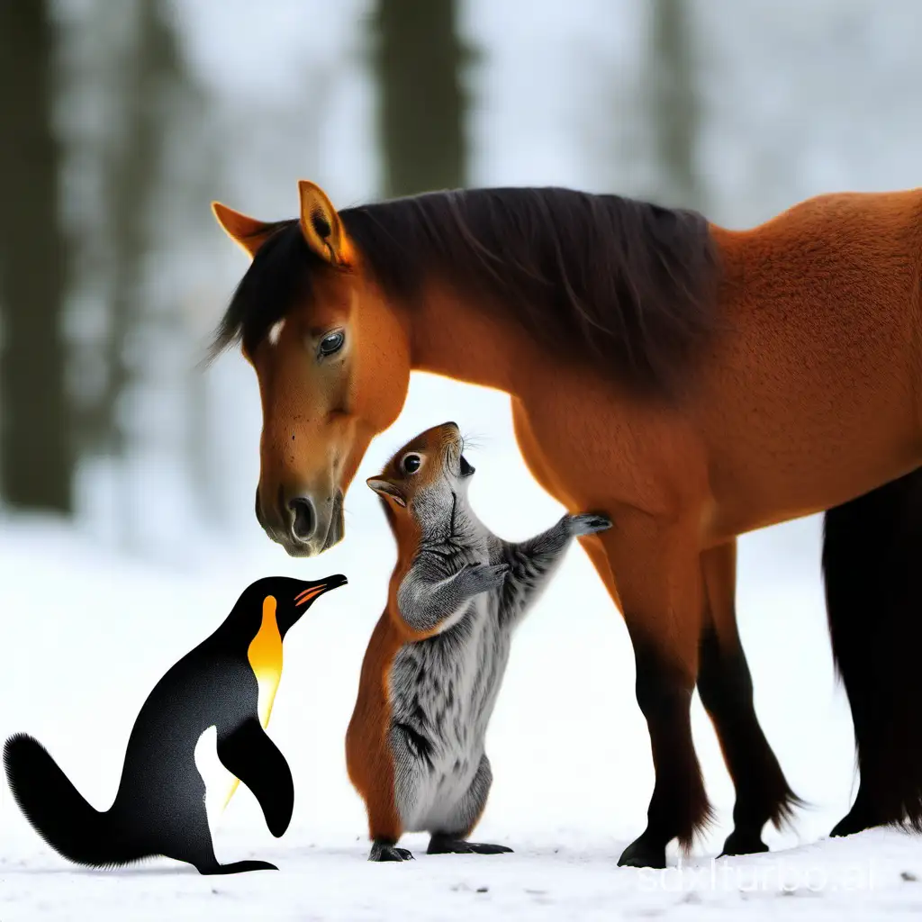 penguen , tilki , at el ele tutuşmuş dostlar