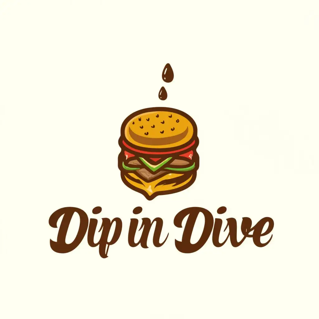 a logo design,with the text "Dip 'n Dive", main symbol:Hamburger that is coated with sauce,Moderate,be used in Restaurant industry,clear background