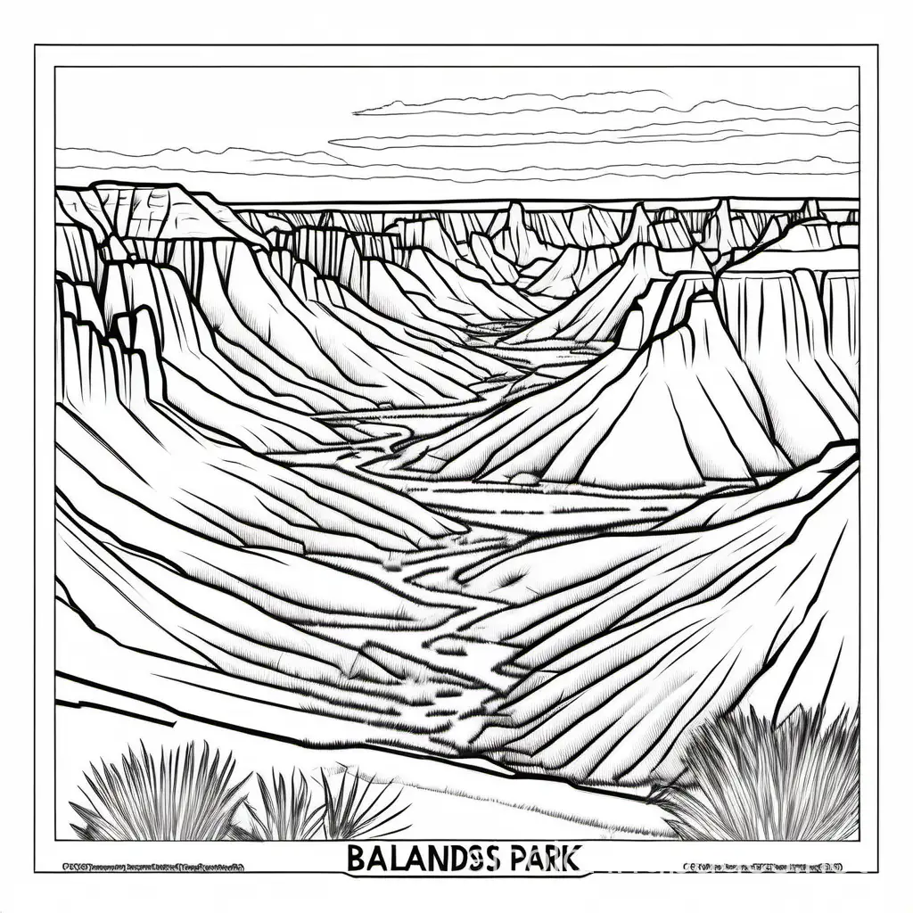 badlands national park, Coloring Page, black and white, line art, white background, Simplicity, Ample White Space. The background of the coloring page is plain white to make it easy for young children to color within the lines. The outlines of all the subjects are easy to distinguish, making it simple for kids to color without too much difficulty