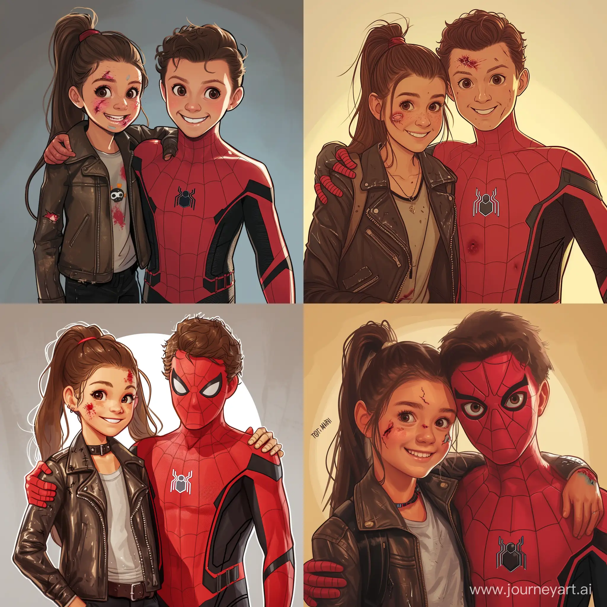 15 year old girl, brown hair in a ponytail, brown eyes, smirk on her face, a small cut on her face, leather jacket, black pants, spider man beside her, spider man has his suit on, spider man has his mask off, he looks like the tom holland spider man, he has a small cut on his face, there is a rip in his suit, he is smiling, he is resting his arm around the girls shoulders, cartoon style