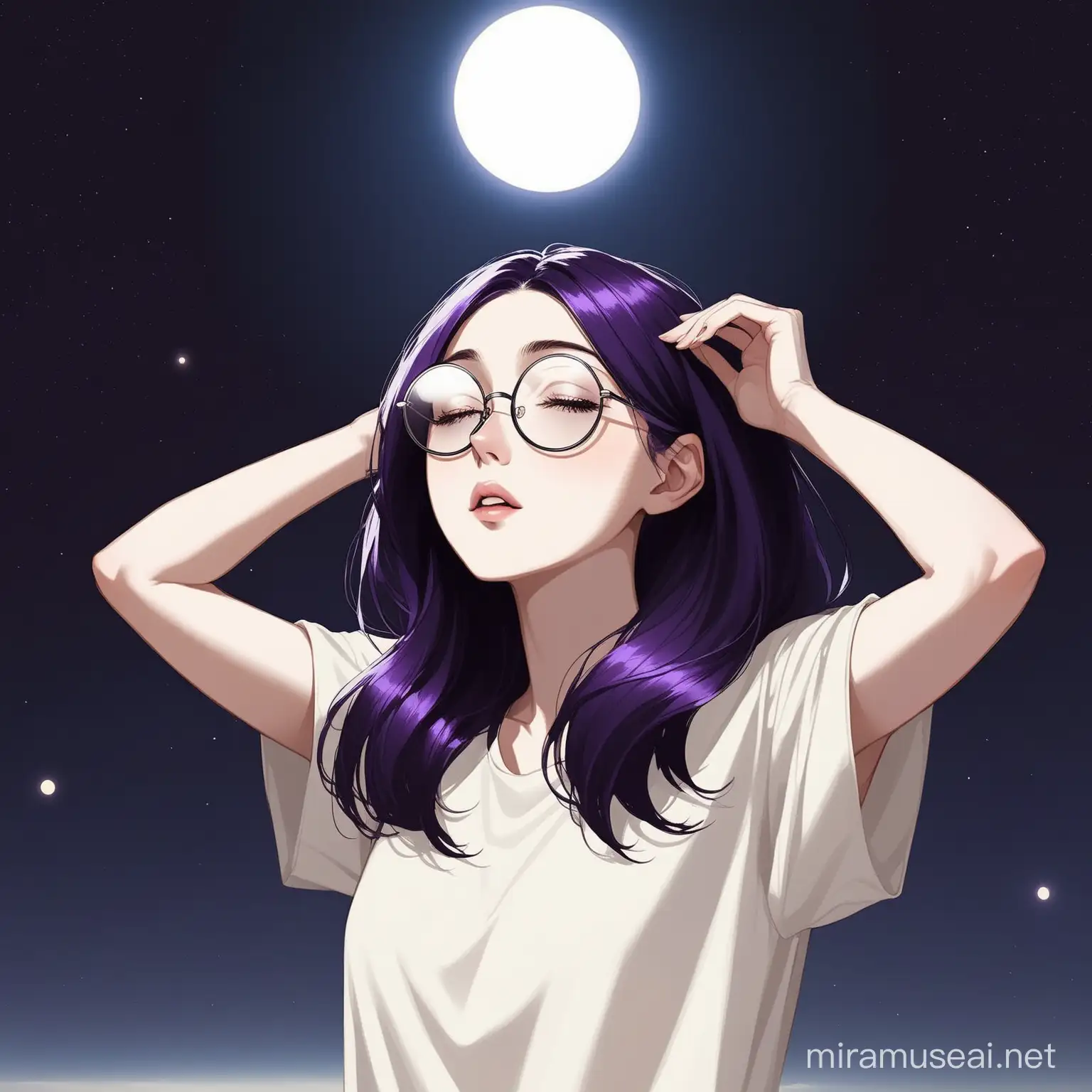 pale white woman with dark purple hair and round glasses during total eclipse