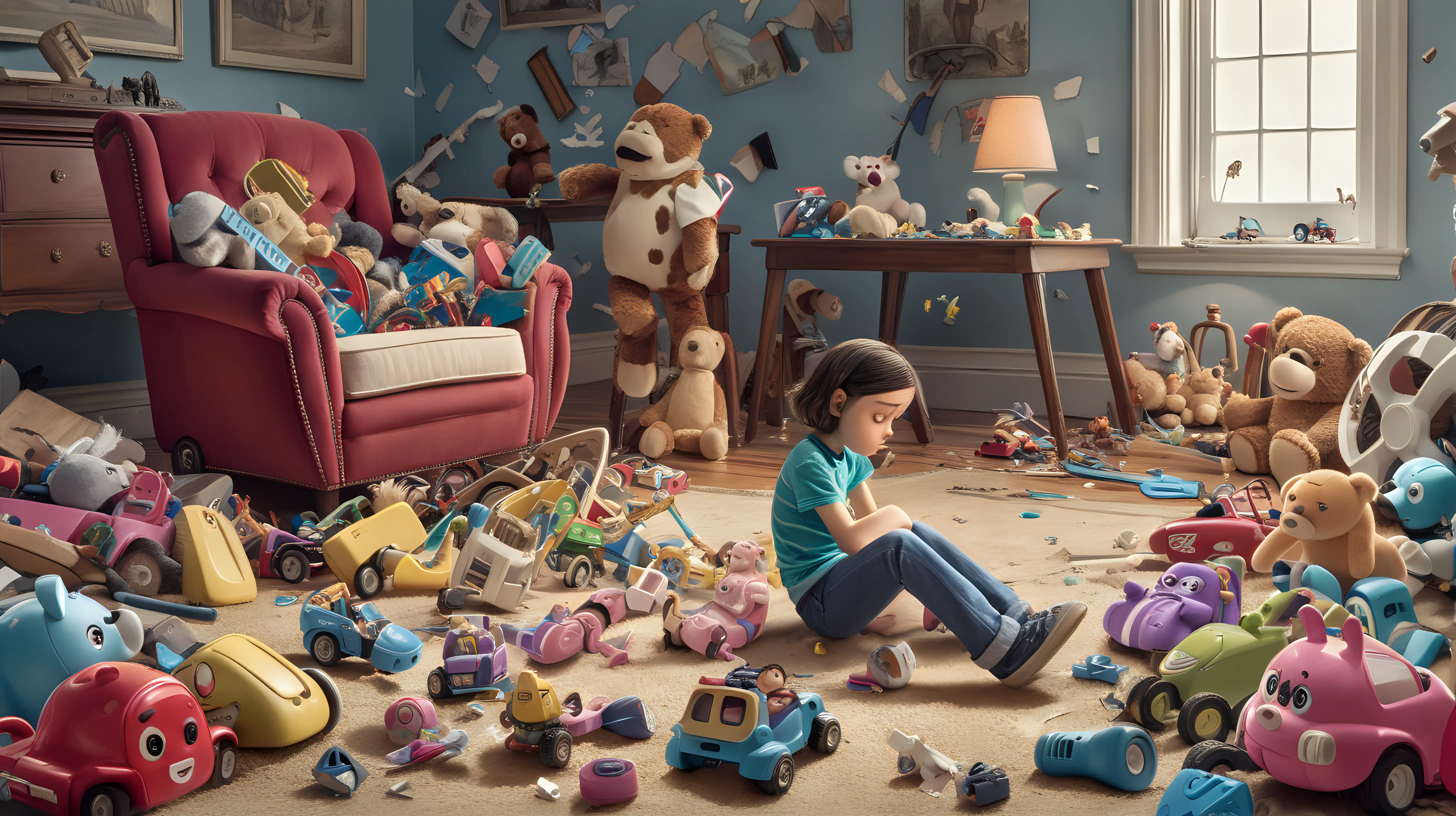 A beautifully illustrated scene of a disappointed character surrounded by broken toys.