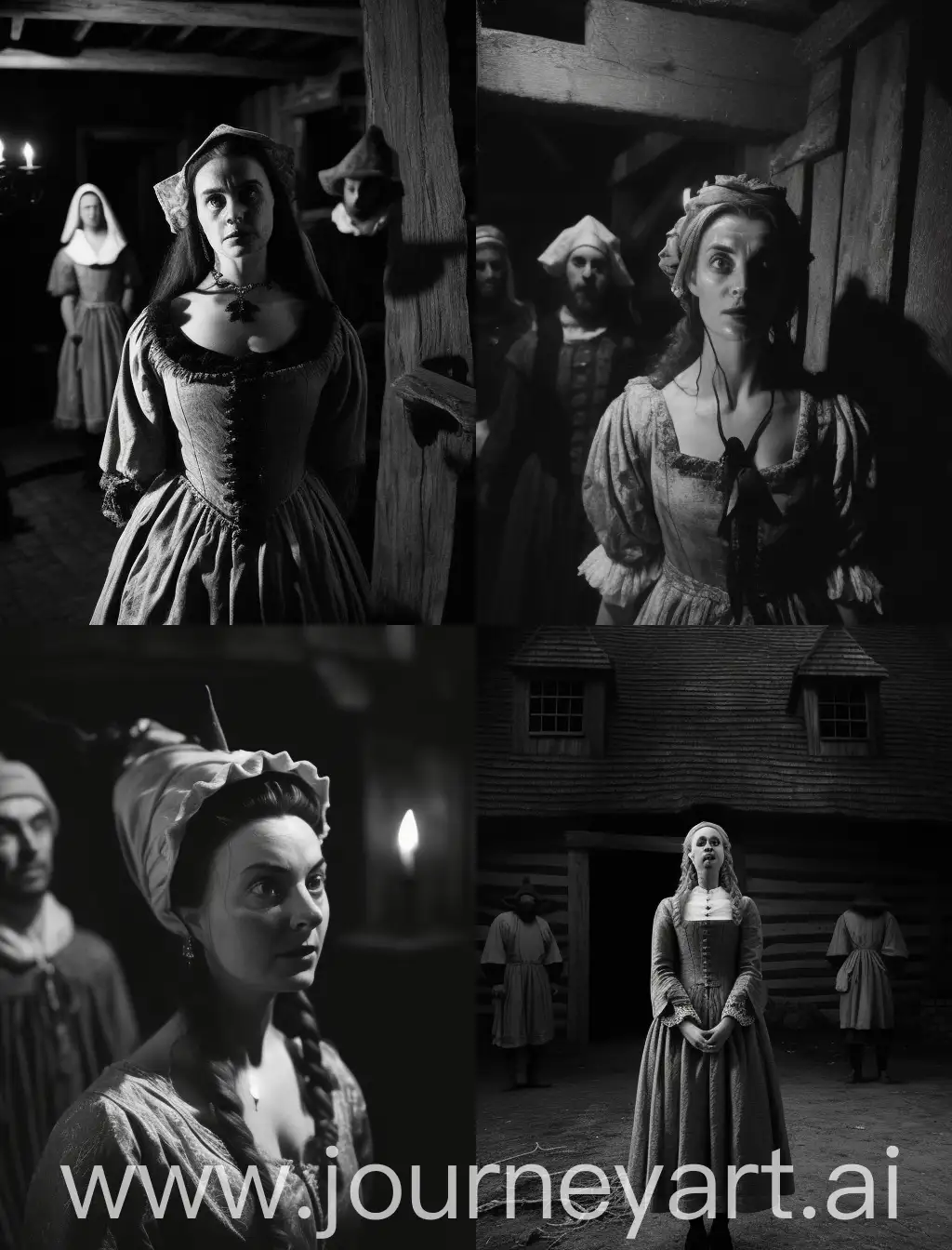 True events of Salem witch trials, unhinged, attention to detail, pagan horror, occult core, film photography, dark horror, expired 35mm film, grayscale