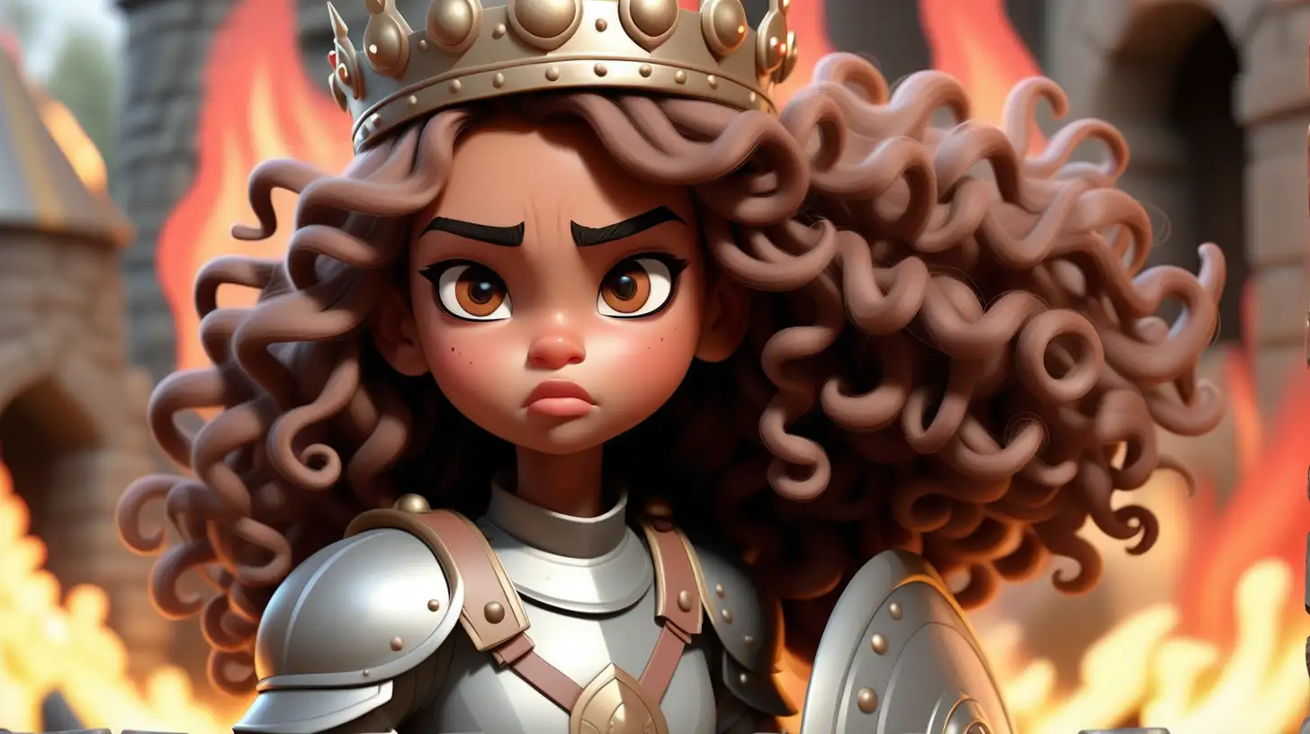 A beautiful 7 year old girl, cute, light brown skin, big light hazel eyes long black eyelashes, blush,beautiful lips, round face,standing in battle, warrior outfit, shield, crown, soldiers in the background and fire, extremely long brown detailed curly hair, disney style, cartoon character, serious face, fierce, looking forward
