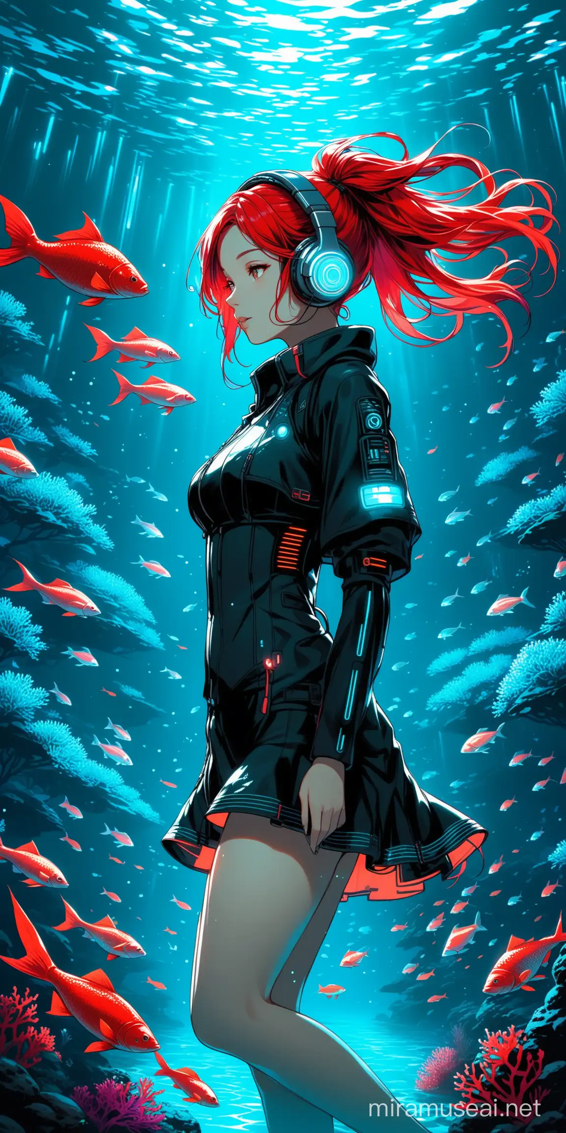 Cyberpunk Girl Listening to Music in Bioluminescent Underwater Garden with Red Fish