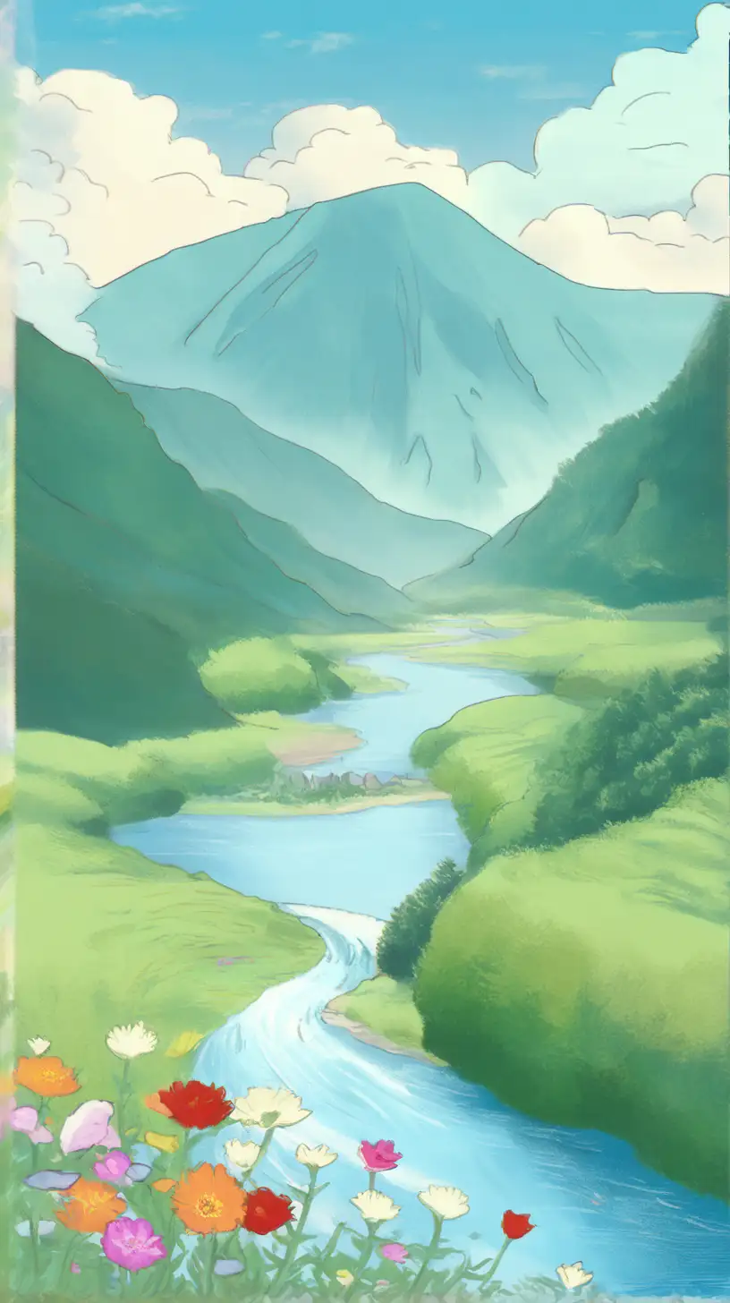 Beautiful  valleys prairie of wild flowers with some petals blow up, a small river in between the valley, beautiful mountain as background, beautiful sky with cloud line,  trending pixiv fanbox, acrylic palette knife, 2D, anime, makoto shinkai style, studio ghibli , best quality, masterpiece, 8k, fake detail, 