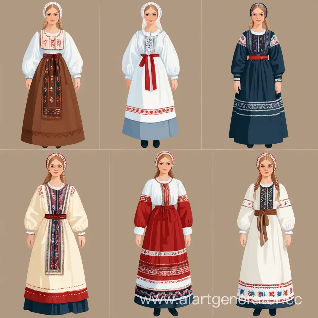 6 images of women's clothing in the Slavic style