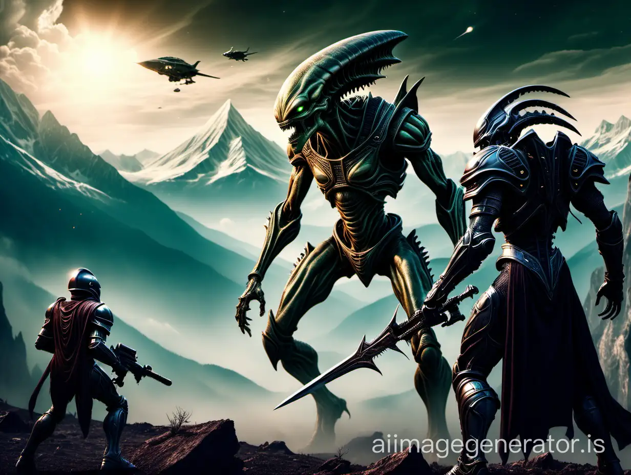 Aliens are at war with a knight, against the background of mountains
