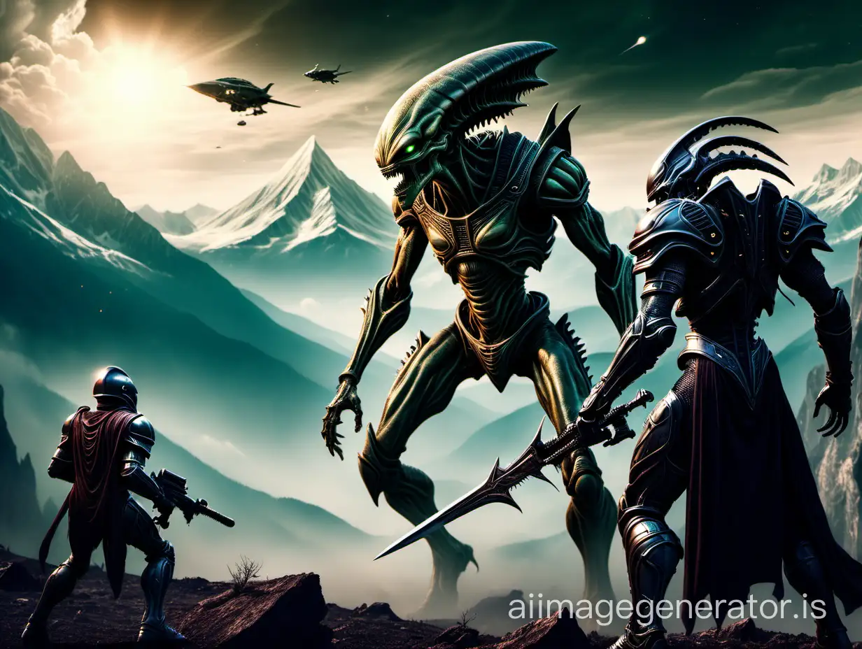 Epic Battle Knight Warrior Defending Against Alien Invaders Amidst  Mountainous Terrain | AI Image Generator