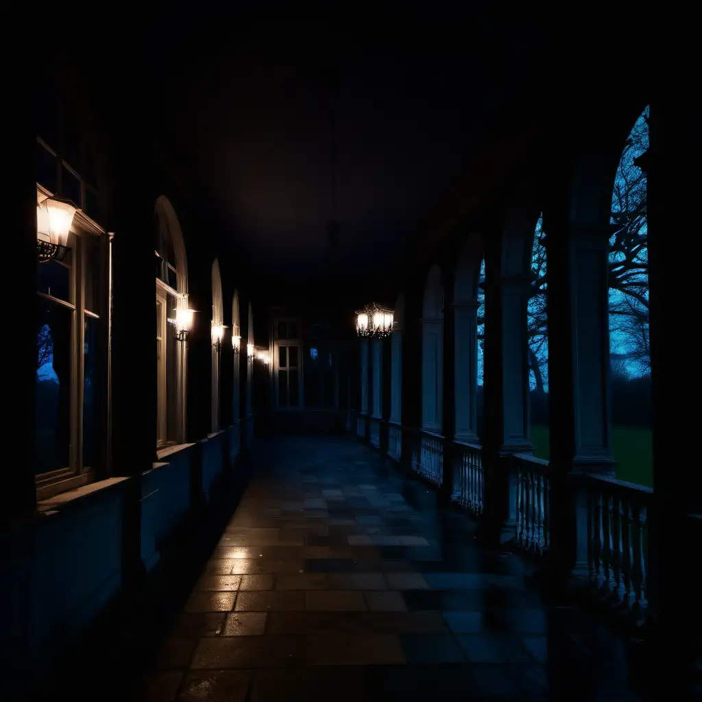 Eerie Night Scene Dimly Lit Veranda in a Grand Manor House