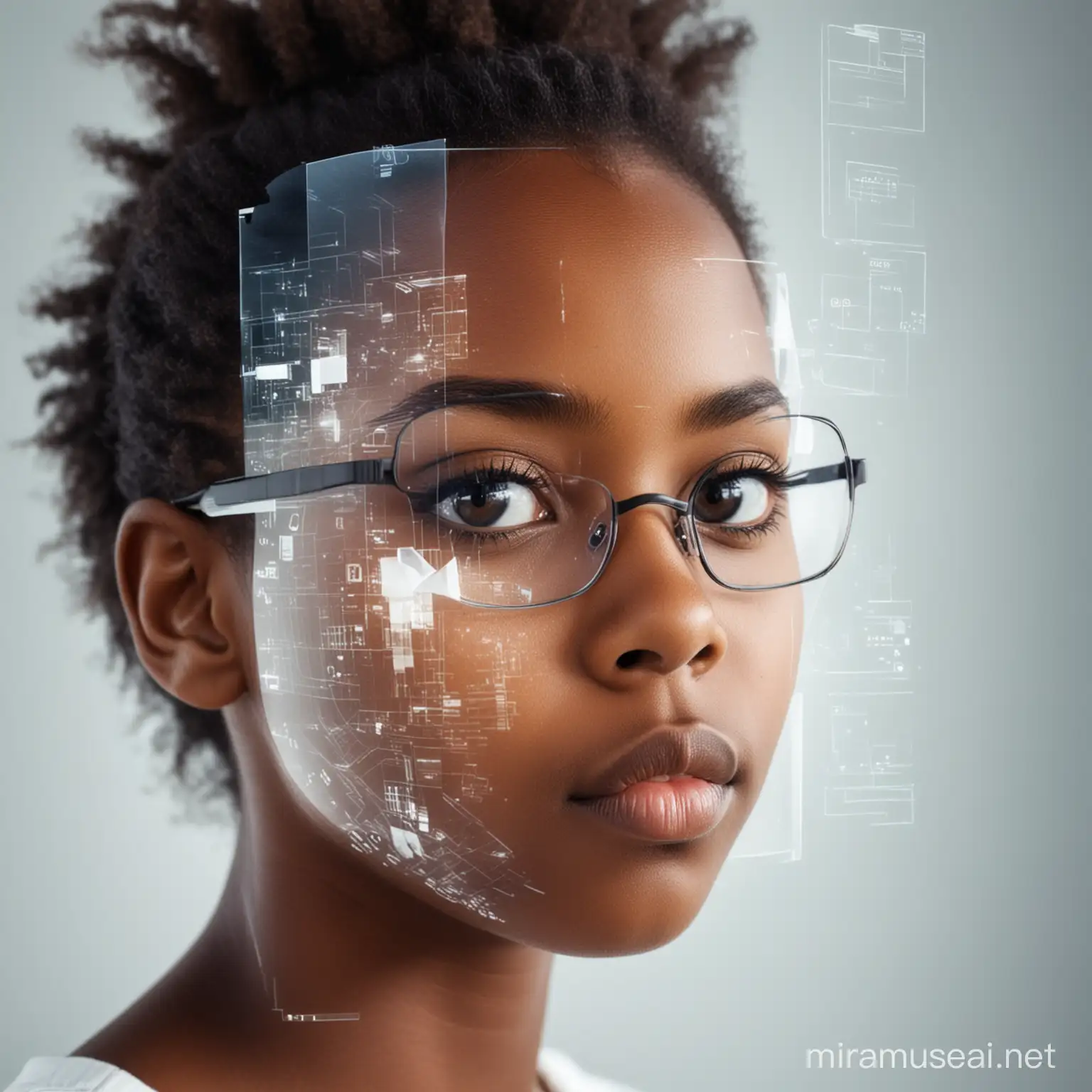 double exposure effect, of the face of a black young girl, with ICT images on her face, she is facing sideways, wearing a spectacle