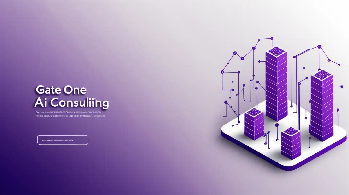 A light and purple toned and not very crowded background image for the slide deck of a Data and Technology company called "Gate One Data & AI Consulting". Please include the company name in the image as well as analytics imagery. Do not include any other text.