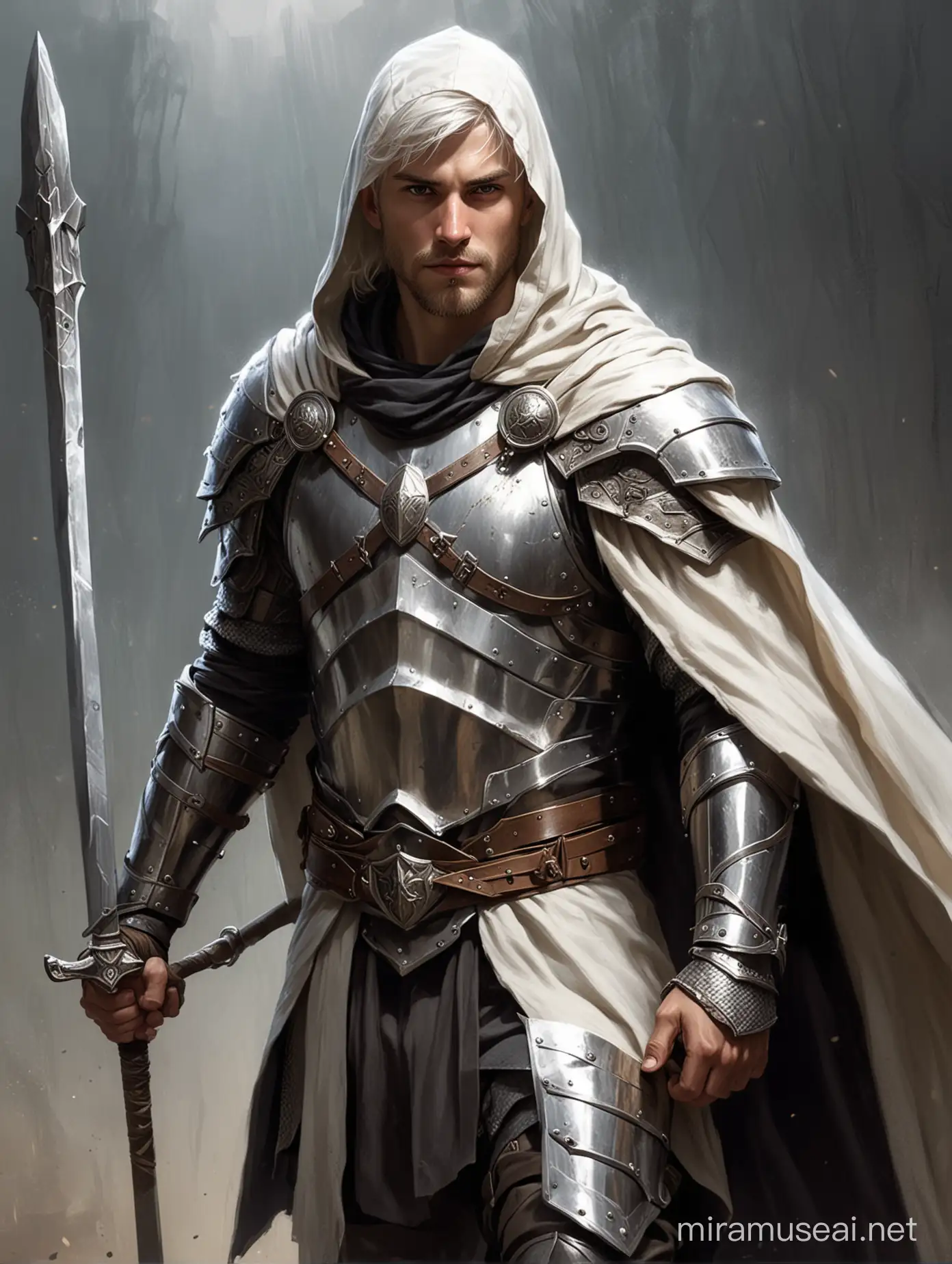 Human Caucasian, male, 25 years old, athletic, white short hair, short beard, intimidating face, paladin, wearing ring mail armor, a hooded cape and carrying a spear in one hand and a shield on the other
