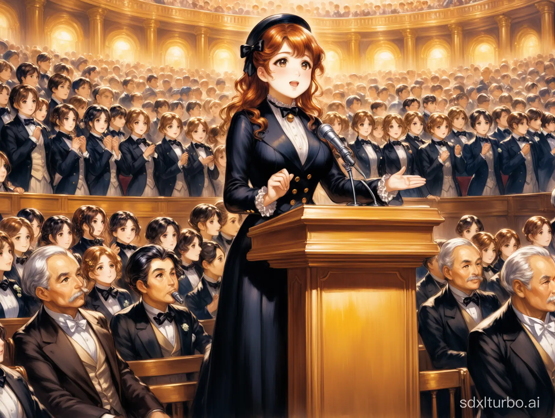 anime style majestic oil panting by auguste renoir, bell epoque period, lot of people watching as one girl wearing a suit on the podium makes a speech about the future of the country, one hand below the podium, anime style