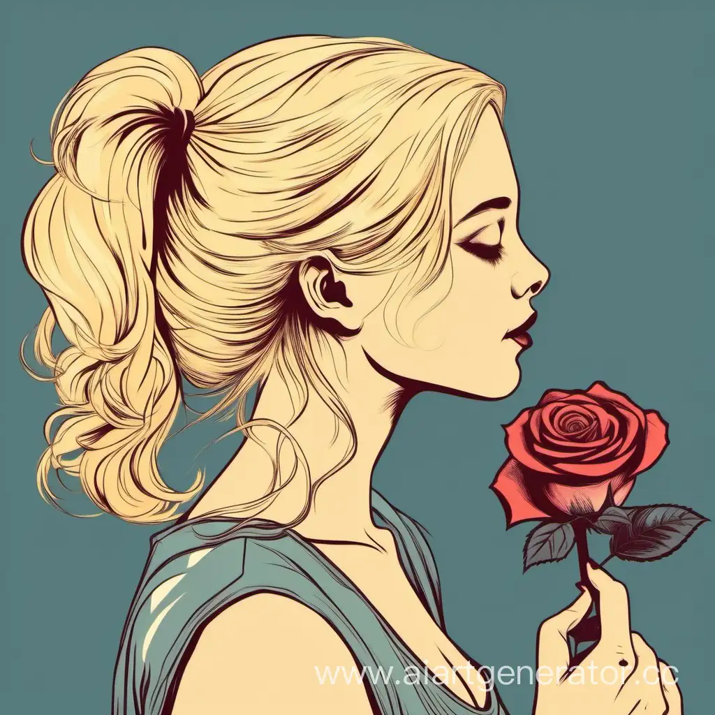 девушка со светлыми волосами стоит в профиль и держит розу в рууе