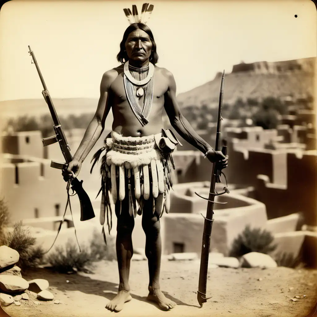 фотография 19 века индеец  пуэбло  с оружием 