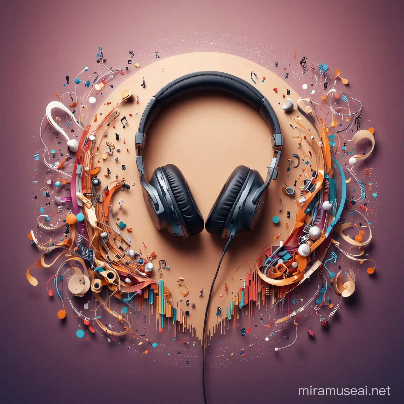 An image with a beautiful designed background with various music tools and hearings like headphones 