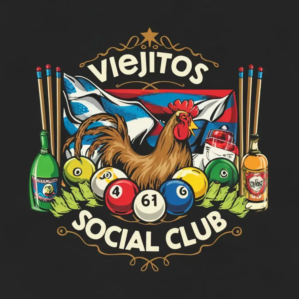 Billiard balls, pool cues, liquor, Rooster, Puerto Rican flag, with the text "Viejito's Social Club"