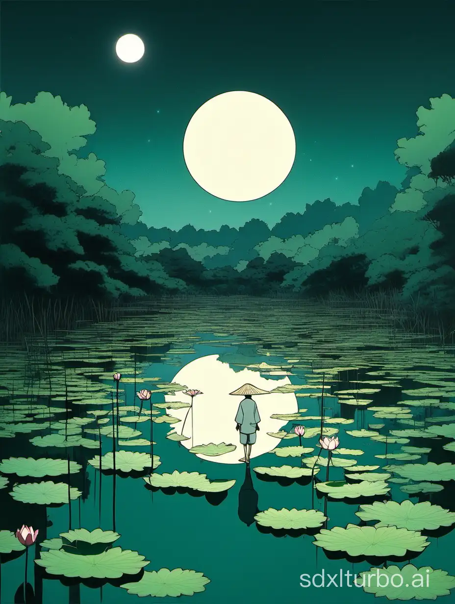 Hayao Miyazaki style, minimalism, lotus pond, moonlight