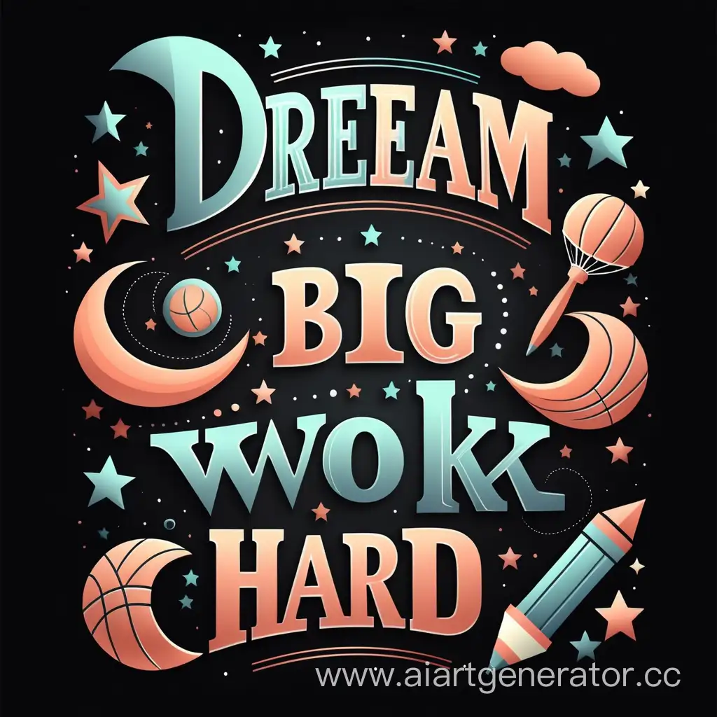 Create text designs  and the words "Dream Big , Work Hard" on a black background, font text is super magic 
