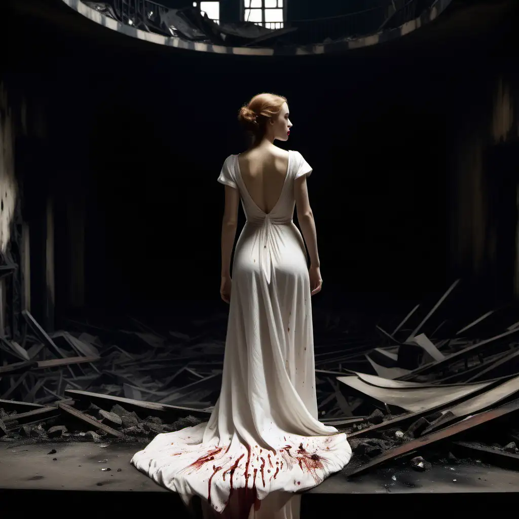 Actress in White Dress in Burned Theater Dramatic Scene with Blood Drops
