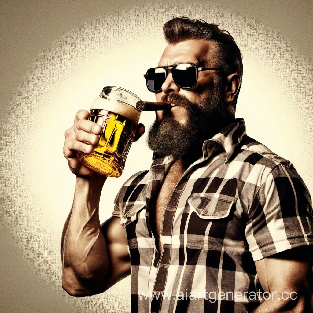 Бородатый накаченный мужчина в темных очках и клетчатой рубашке держит в одной руке кружку пива, а другой рукой показывает класс. Во рту у него сигара.