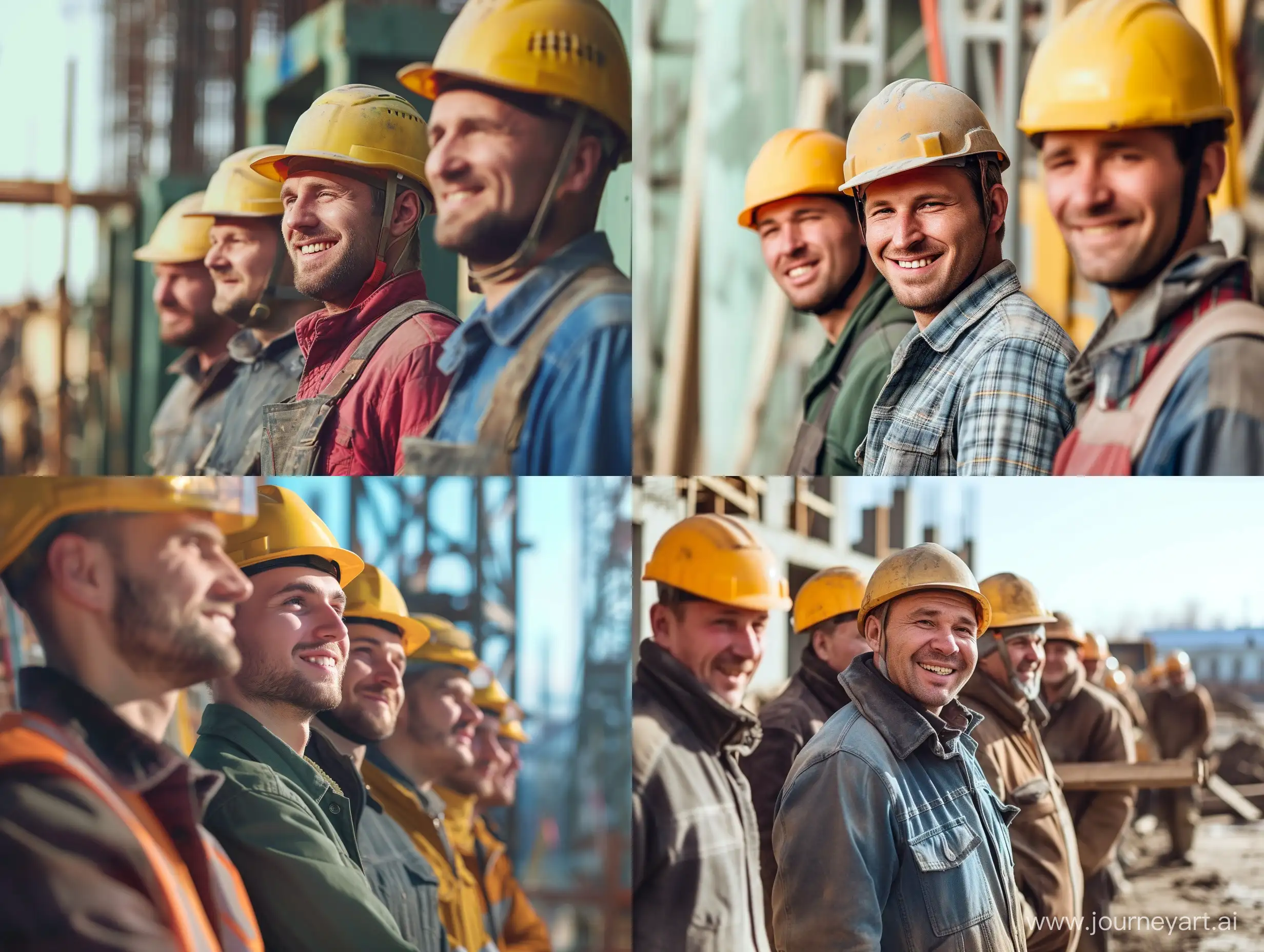 Счастливые работники на стройке стоят в ряд . Работники в касках . У строителей счастливые лица . Действие происходит в России . На улице солнечная погода . Картинка очень реалистичная 