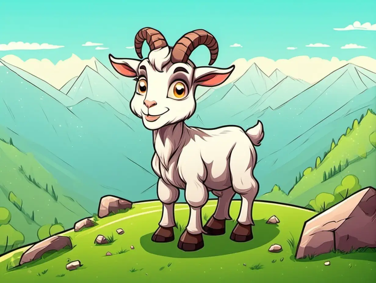 cute cartoon-style the goat on the hill with mountains the background