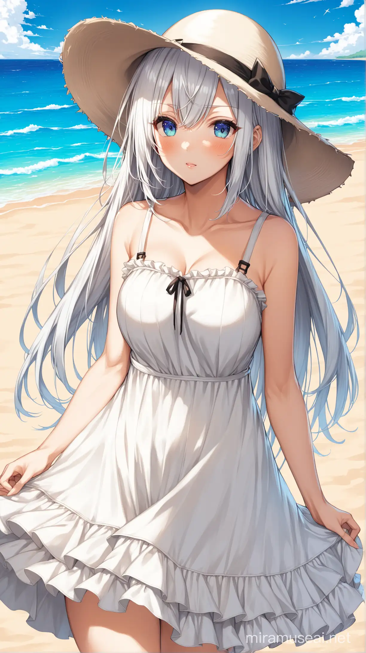 Elegant Kei Shirogane Inspired Character in White Sundress and Beach Hat