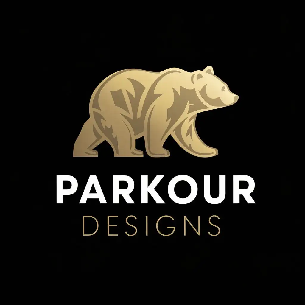logo, gold bear, with the text "PARKOUR DESIGNS", typography