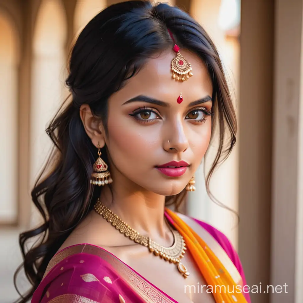 beautiful woman from India, tan skin, full lips, wearing lipstick, high cheek bones, wearing a traditional Indian sari, sexy