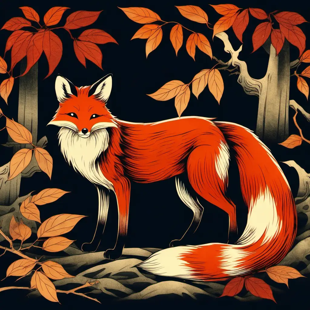 Vintage japanese art style red fox posing, dark autumn colors