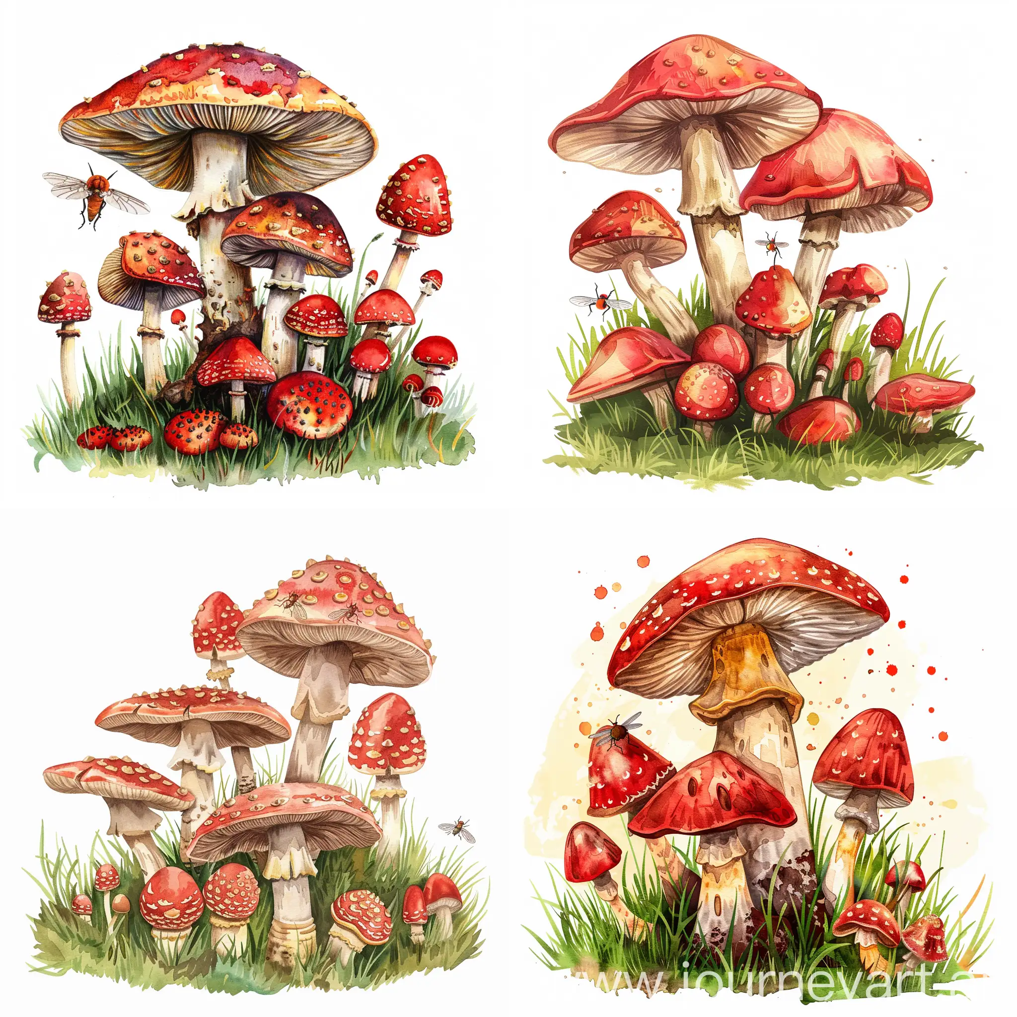 a complete pile of fly agarics on the grass, in high quality details of watercolor cartoon style