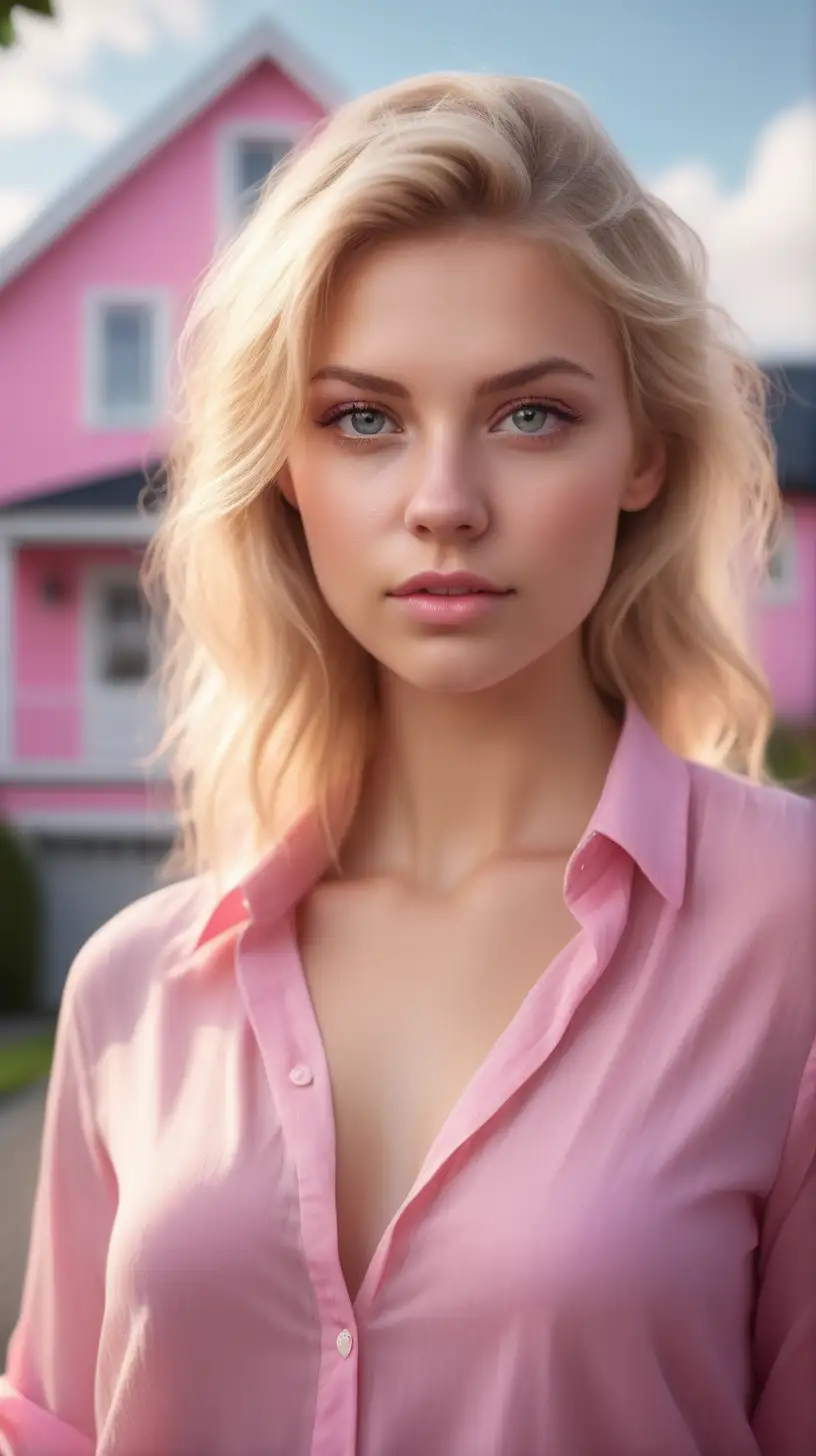 Beautiful Nordic woman, very attractive face, detailed eyes, symmetrical face, perfect breasts, dark eye shadow, messy blonde hair, wearing an all pink blouse, close up, bokeh background, soft light on face, rim lighting, facing away from camera, looking back over her shoulder, standing in front of the pink house with a pink car in the driveway, photorealistic, very high detail, extra wide photo, full body photo, aerial photo
