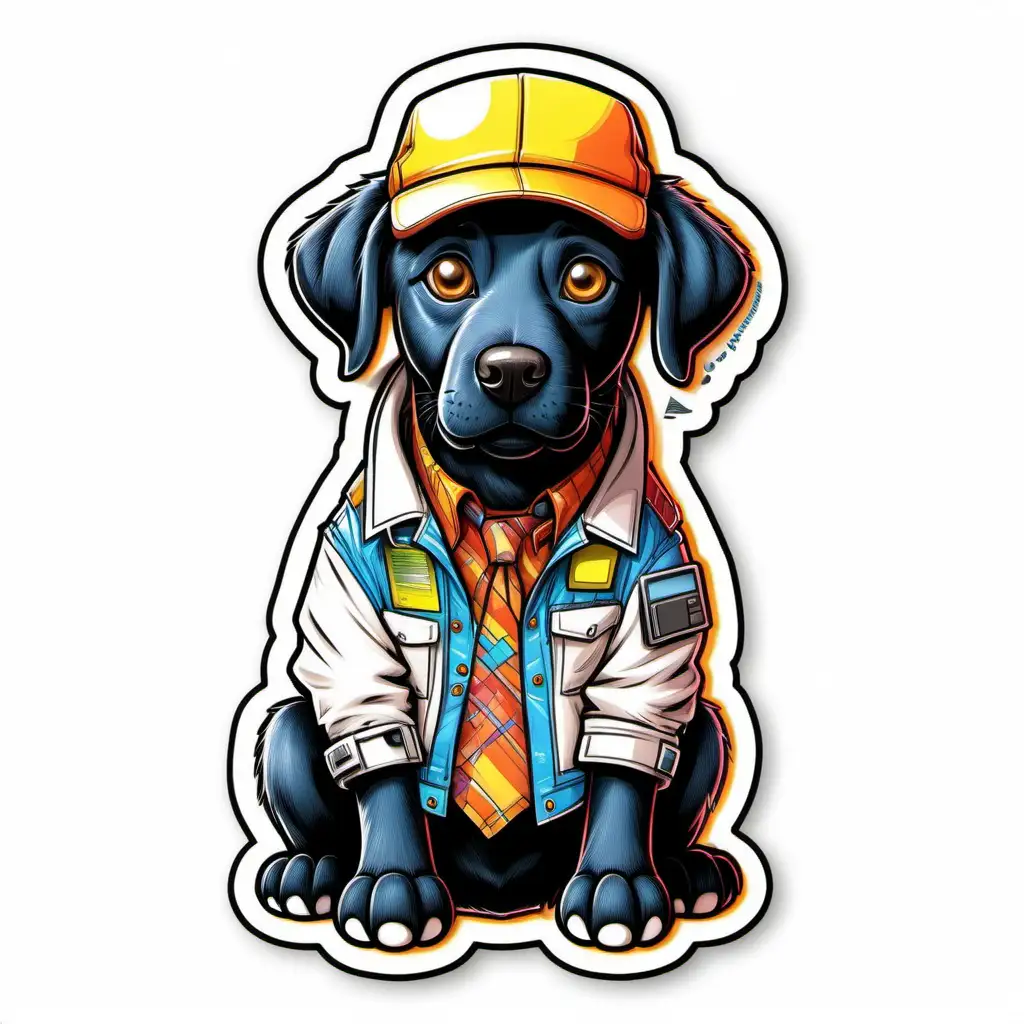a cartoon character black labrador retriever dressed like back to the future characters, vibrant color, line art, like a sticker, white background, in the style of Robert Rauschenberg