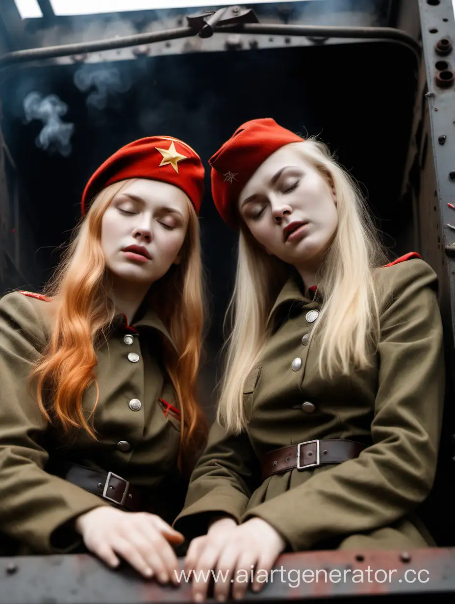 Две русские девушки,, блондинка и рыжая с длинными волосами в военной форме форме 2 мировой войны в советском шлеме в узком платье лежат убитые в горящем грузовике в крови без сознания с закрытыми глазами
