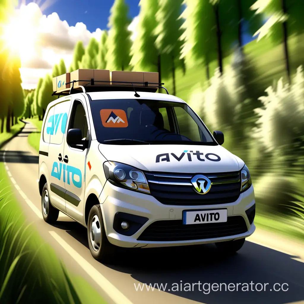 Courier-Driving-Car-with-Avito-Logo-in-Beautiful-Nature