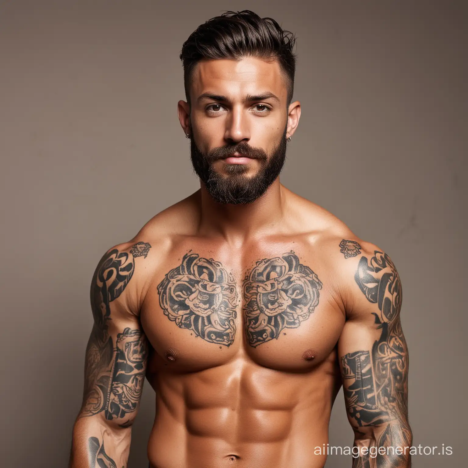 Rugged Tan Man with Tattoos and Short Beard Exuding Confidence | AI Image  Generator