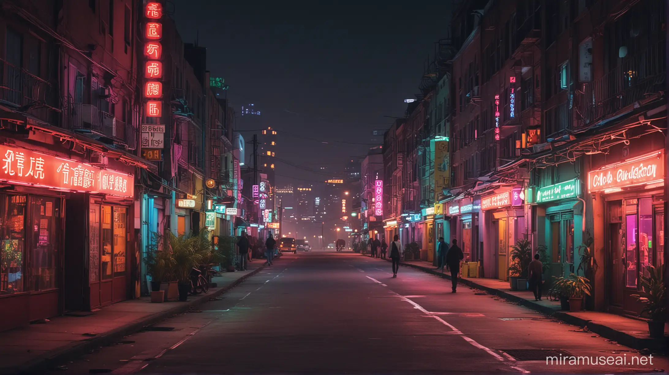 Eastern Europe today, factory area at night with neon lights, similar to chinatown. The meeting of two lonely souls in the thick of the downtown jungle flashing in colorful neon lights.