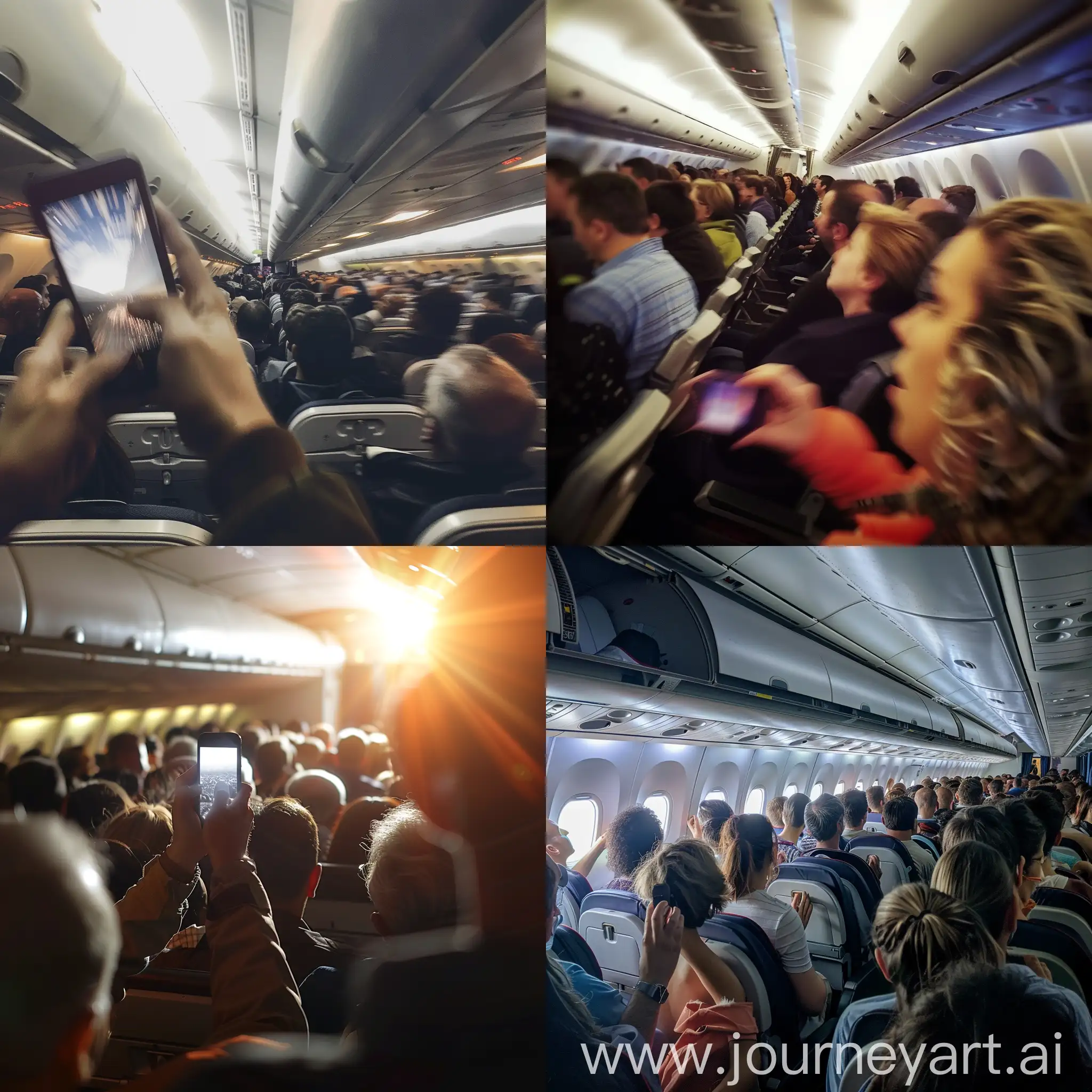 Пасажиры в салоне самолета волнуются из-за экстренной посадки, фотография низкого качества , съемка на мобильный телефон, тряска,
