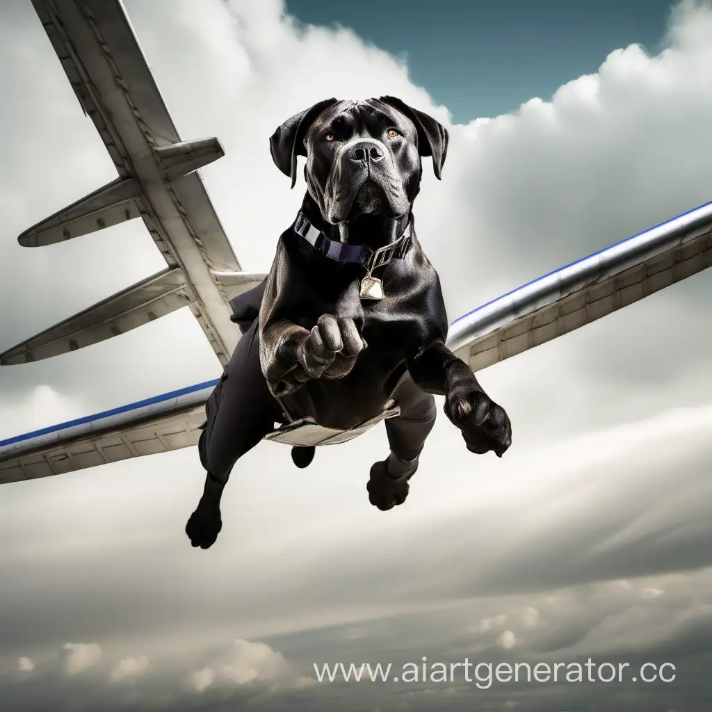 Собака породы Кане корсо под прикрытием прыгает с самолёта на парашуте с двумя прстолетами в руках