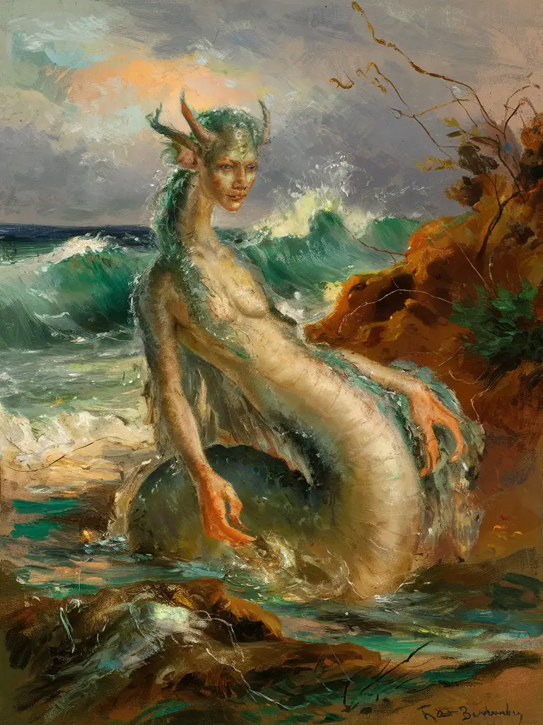 Depiction of a majestic sea demon with an Impressionist twist, seeping with the charm of Rosa Bonheur's style. The scene is awash with all the characteristics of an Impressionistic seascape - rapid, loose brushstrokes capturing the fleeting quality of light and color. The background should be a stormy sea, its transient mood and movement captured intuitively. The sea demon should also be imbued with Impressionist features, its form suggested rather than detailed, with a focus on how it catches the ambient light and mood.