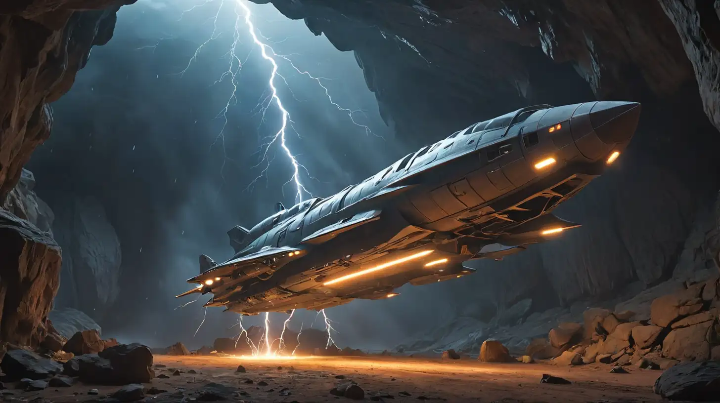 Spaceship landed in a cave, with lightning around it. 