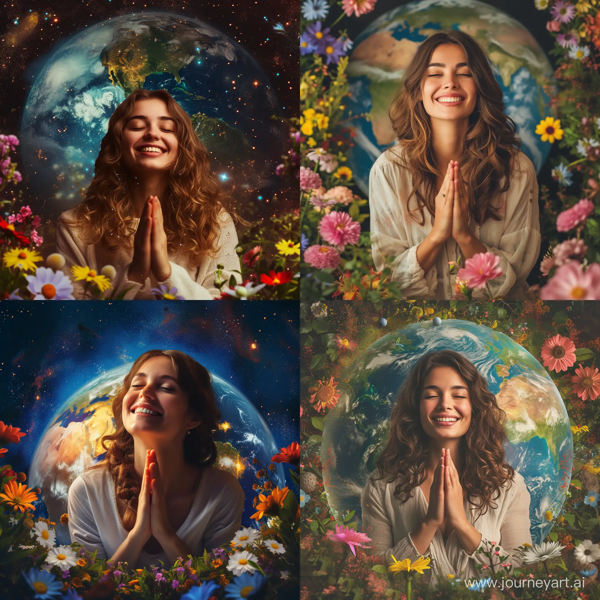 красивая улыбающаяся женщина молится в руках планета земля вокруг цветы космос любовь счастье
